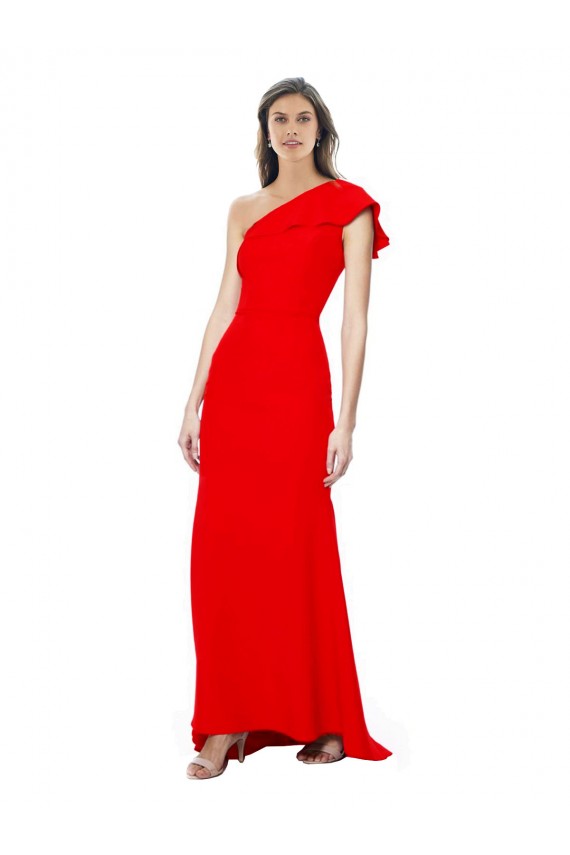 Affordable High Neck Ruffle Frill One Shoulder Maxi Crepe Bridesmaid Dress UK