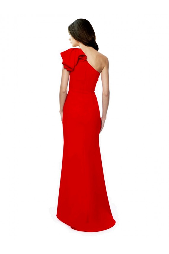 Affordable High Neck Ruffle Frill One Shoulder Maxi Crepe Bridesmaid Dress UK