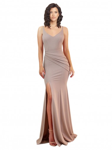 Affordable Fishtail Shape V-Neck Crepe Bridesmaid Dress with Slit UK