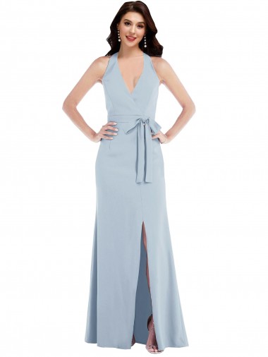 Affordable Open Back Halter Maxi Bridesmaid Dress with Draped Bow UK