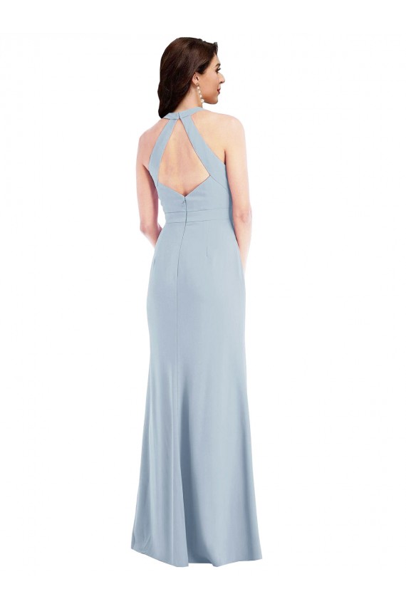 Affordable Open Back Halter Maxi Bridesmaid Dress with Draped Bow UK