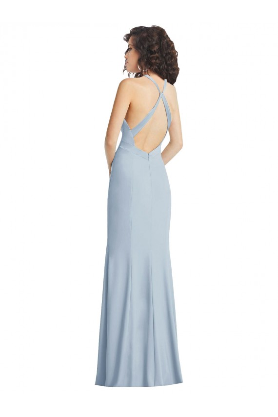 Affordable High Neck Halter Bridesmaid Dress with Twist Criss Cross Back UK