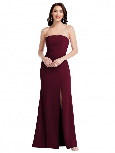 Affordable Strapless Crepe Maxi Bridesmaid Dress with Front Slit UK