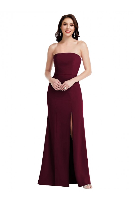 Affordable Strapless Crepe Maxi Bridesmaid Dress with Front Slit UK