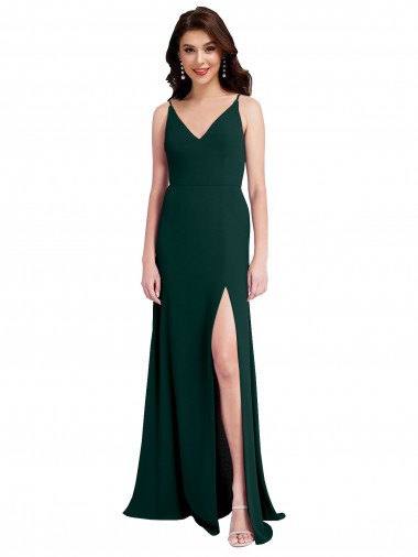 Affordable Slim A-Line V-Neck Full Length Crepe Bridesmaid Dress with Side Slit UK