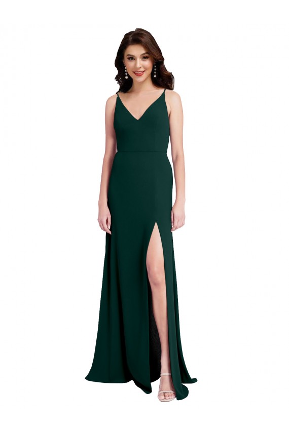Affordable Slim A-Line V-Neck Full Length Crepe Bridesmaid Dress with Side Slit UK