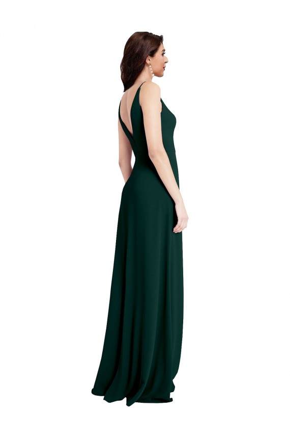 Affordable Slim A-Line V-Neck Full Length Crepe Bridesmaid Dress with Side Slit UK