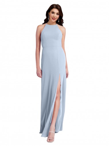 Affordable Fit and Flare High Neck Crepe Bridesmaid Dress with Side Slit UK