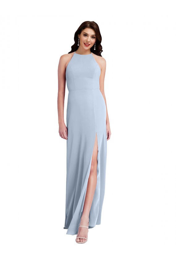 Affordable Fit and Flare High Neck Crepe Bridesmaid Dress with Side Slit UK