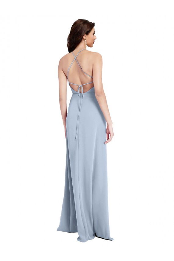 Affordable Fit and Flare High Neck Crepe Bridesmaid Dress with Side Slit UK