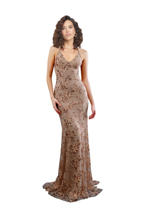 Affordable Floral Patterned Backless V-Neckline Sequin Bridesmaid Dress UK