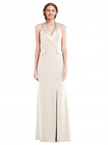 Affordable Halter Tuxedo Maxi Bridesmaid Dress with Front Slit UK