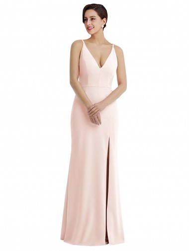 Affordable Skinny Strap Deep V-Neck Crepe Trumpet Bridesmaid Dress with Front Slit UK