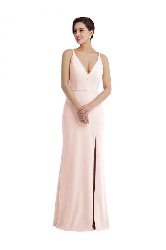 Affordable Skinny Strap Deep V-Neck Crepe Trumpet Bridesmaid Dress with Front Slit UK