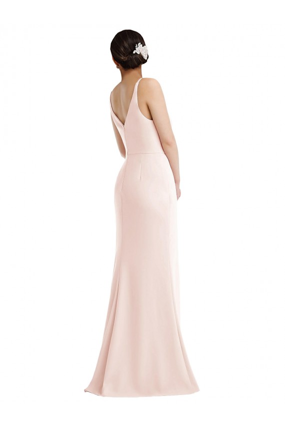 Affordable Skinny Strap Deep V-Neck Crepe Trumpet Bridesmaid Dress with Front Slit UK