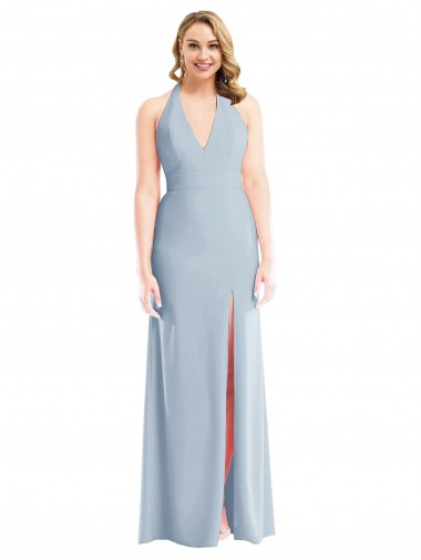 Affordable Plunge Neck Halter Backless Trumpet Bridesmaid Dress with Front Slit UK