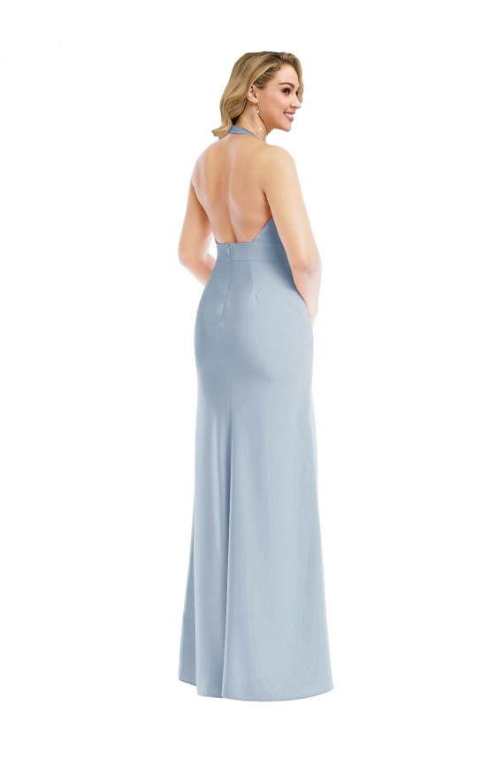 Affordable Plunge Neck Halter Backless Trumpet Bridesmaid Dress with Front Slit UK