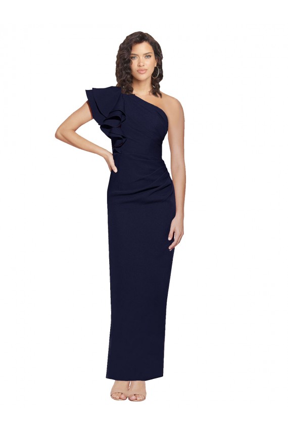 Affordable Ruched Floor Length Long Crepe Bridesmaid Dress with Shoulder Ruffles UK