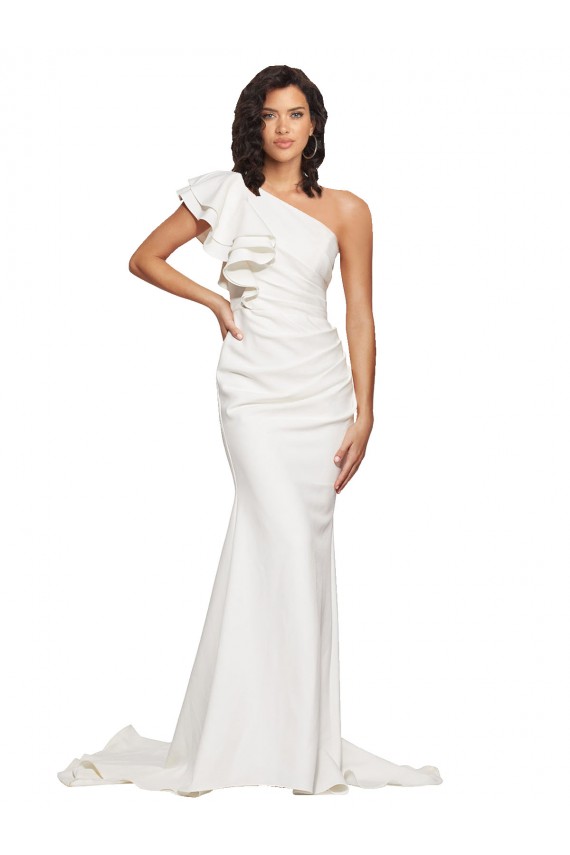 Affordable Ruched Long Sweep Train Crepe Bridesmaid Dress with Shoulder Ruffles UK