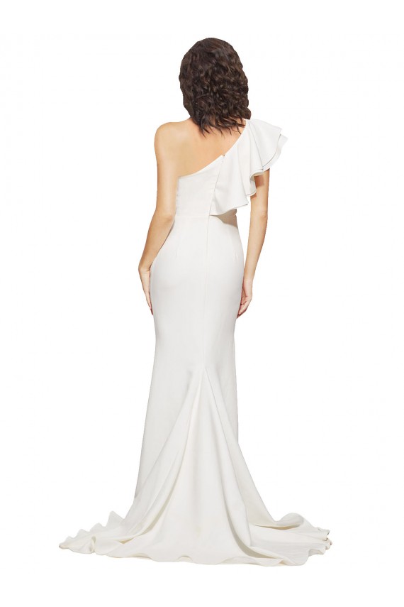 Affordable Ruched Long Sweep Train Crepe Bridesmaid Dress with Shoulder Ruffles UK
