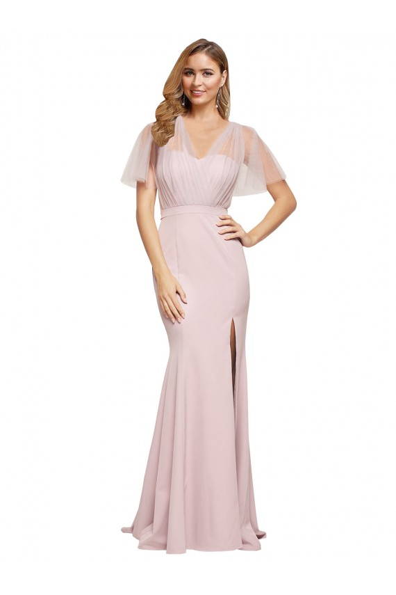 Affordable Crepe Long Sweetheart Neckline Bridesmaid Dress with Tulle Overlay Shoulders UK