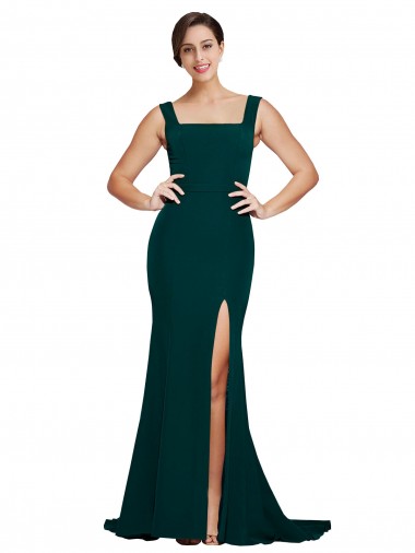 Affordable Fitted Square Neck Long Crepe Bridesmaid Dress with Train and Side Split UK