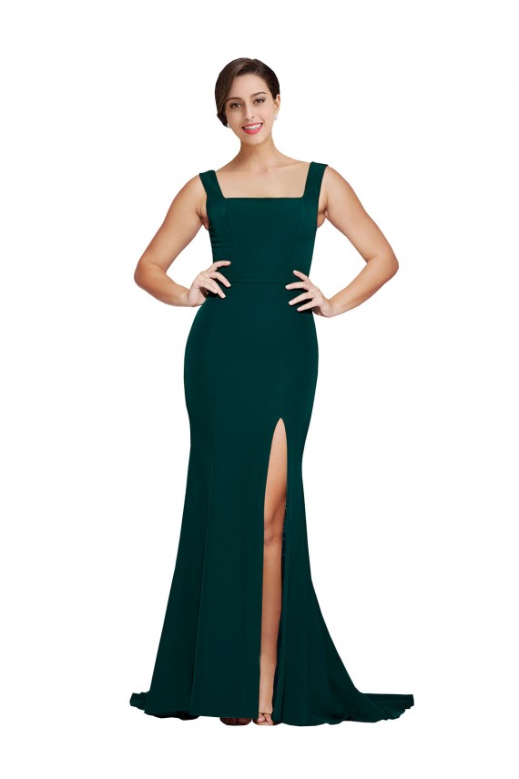 Affordable Fitted Square Neck Long Crepe Bridesmaid Dress with Train and Side Split UK