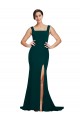 Affordable Fitted Square Neck Long Crepe Bridesmaid Dress with Train and Side Split UK