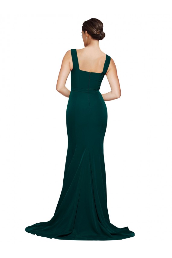 Affordable Fitted Square Neck Long Crepe Bridesmaid Dress with Train and Side Split UK