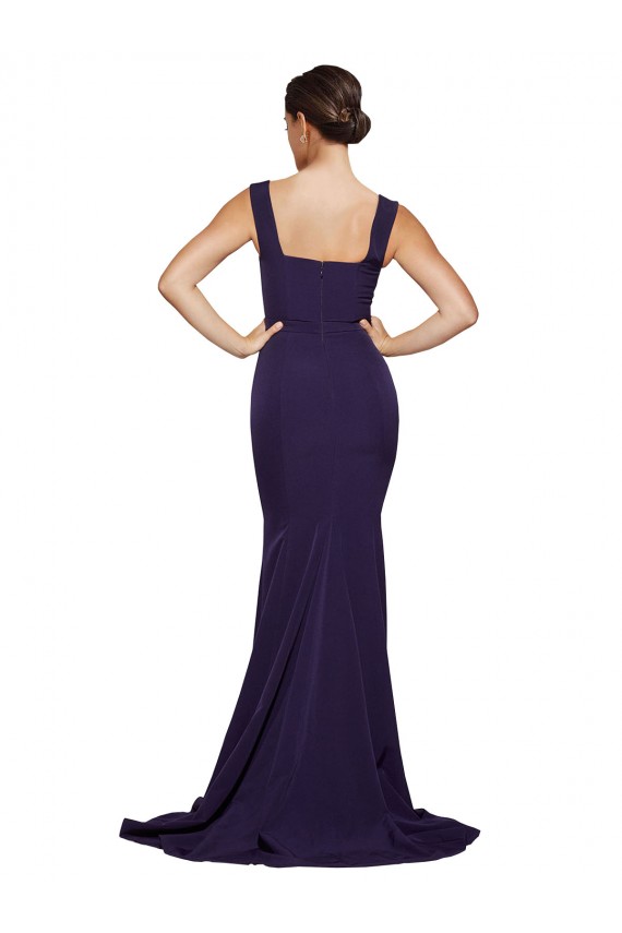 Affordable Square Neck Long Sweep Train Crepe Bridesmaid Dress with Thick Straps UK