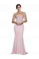 Affordable Straight Neck Long Strapless Crepe Bridesmaid Dress with Soft Tulle Overlay and Small Train UK