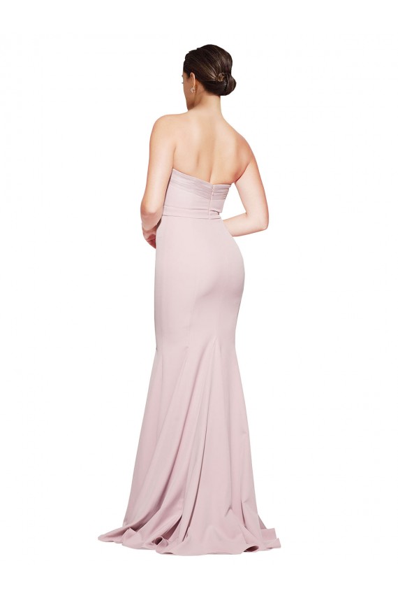 Affordable Straight Neck Long Strapless Crepe Bridesmaid Dress with Soft Tulle Overlay and Small Train UK