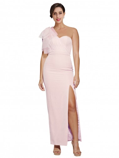 Affordable One Shoulder Tulle Overlay Sweetheart Neckline Long Crepe Bridesmaid Drss with Thigh Split UK