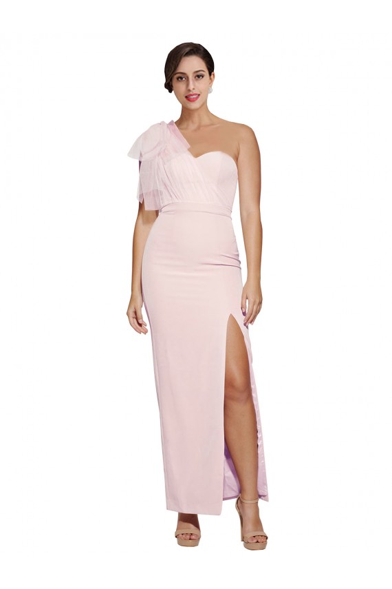Affordable One Shoulder Tulle Overlay Sweetheart Neckline Long Crepe Bridesmaid Drss with Thigh Split UK