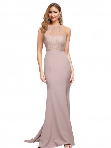 Affordable Long Sweetheart Crepe Bridesmaid Dress with High Neck Illusion Tulle Details UK