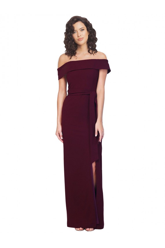 Affordable Fitted Full Length Off the Shoulder Crepe Bridesmaid Dress with Side Split and Waist Tie UK