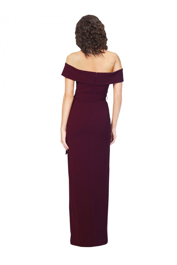 Affordable Fitted Full Length Off the Shoulder Crepe Bridesmaid Dress with Side Split and Waist Tie UK