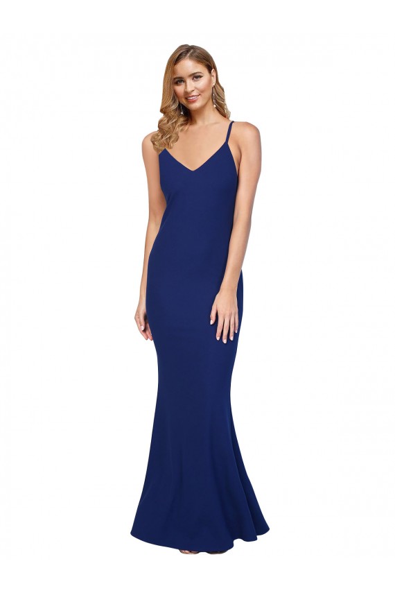 Affordable Full Length V-Neckline Crepe Bridesmaid Dress with Thin Straps and Fulted Skirt UK