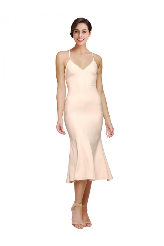 Affordable Midi Length V-Neckline Crepe Bridesmaid Dress with Thin Straps and Fulted Skirt UK