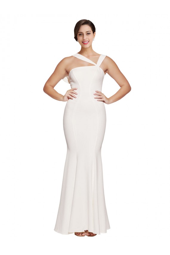 Affordable Full Length Square Neck Crepe Bridesmaid Dress with Asymmetrical Straps and Bow Back UK