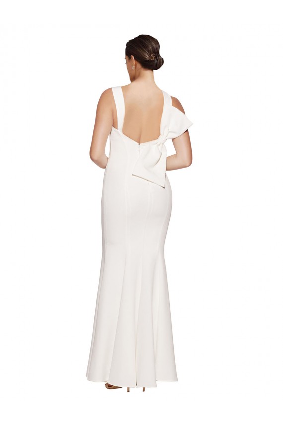 Affordable Full Length Square Neck Crepe Bridesmaid Dress with Asymmetrical Straps and Bow Back UK