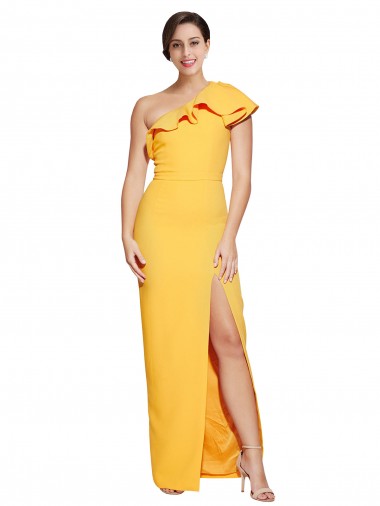 Affordable One Shoulder Floor Length Crepe Bridesmaid Dress with Thigh High Split UK