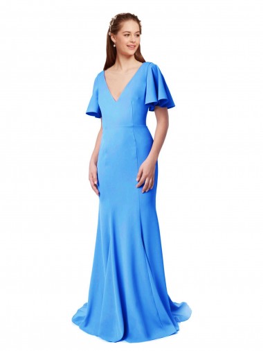 Affordable Short Sleeves Long V-Neck Crepe Bridesmaid Dress with V-Back UK