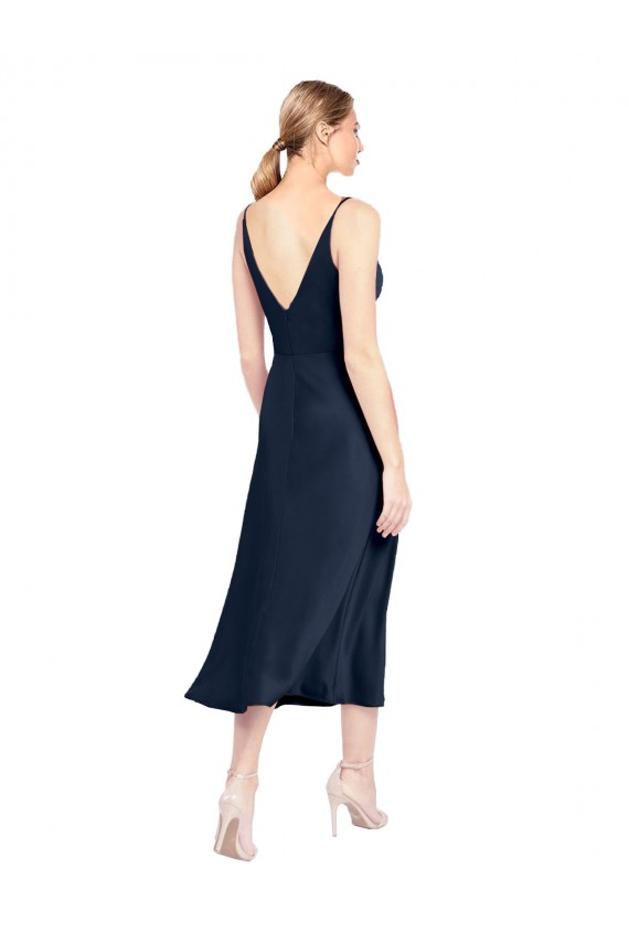 Affordable V-Neck Midi Length Short Stretch Satin Bridesmaid Dress V-Back UK