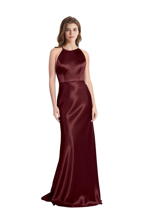 Affordable High Neck Halter Long Sleeveless Stretch Satin Bridesmaid Dress with Strappy Back UK