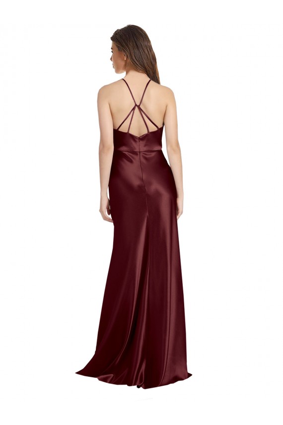 Affordable High Neck Halter Long Sleeveless Stretch Satin Bridesmaid Dress with Strappy Back UK