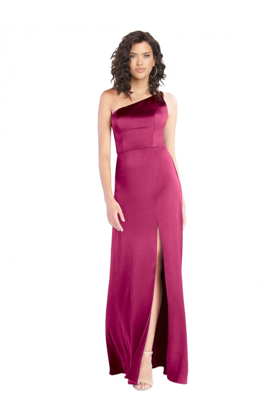 Affordable Sleek One Shoulder A-Line Long Stretch Satin Bridesmaid Dress with Spaghetti Straps Back UK