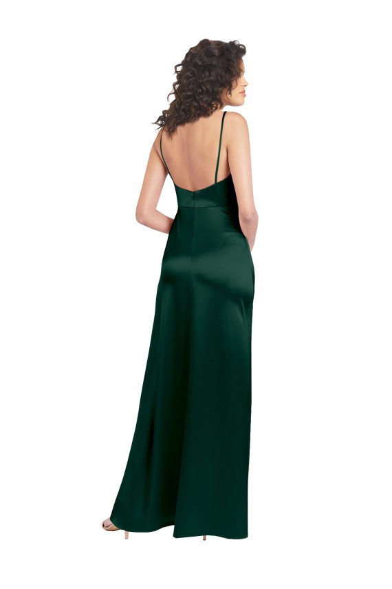 Affordable Long Slim Scoop Neck Stretch Satin Bridesmaid Dress with Open Back UK