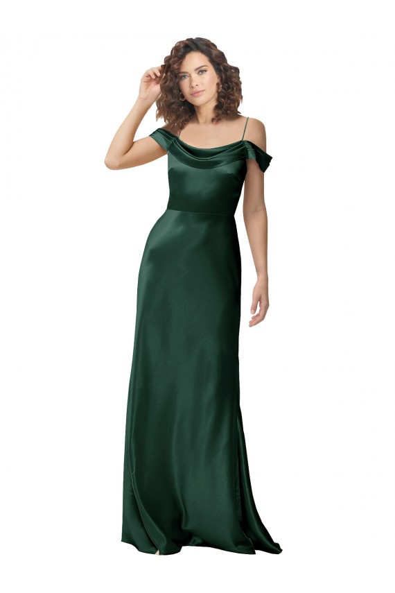 Affordable Off the Shoulder Sleeves Long Stretch Satin Bridesmaid Dress with Pleated Draped Neckline UK