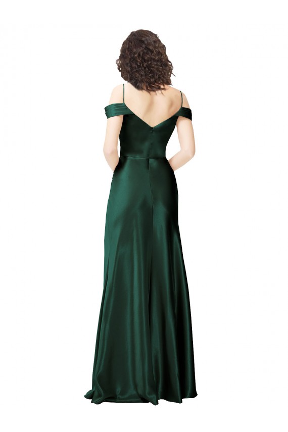 Affordable Off the Shoulder Sleeves Long Stretch Satin Bridesmaid Dress with Pleated Draped Neckline UK